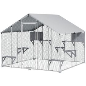 95" Extra Large Metal Outdoor Catio with Waterproof Cover, 2 Resting Boxes, 7 Jumping Platforms, for Multiple Cats (Option: Silver-1950x350x175 mm)