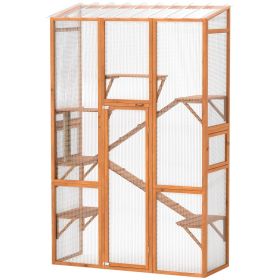 Outdoor Catio Cat Enclosure, Large Wooden Cat House with 6 Jumping Platforms, Scratching Post, 2 Ramps, for 2-3 Kittens (Option: Orange-1670x600x95 mm)