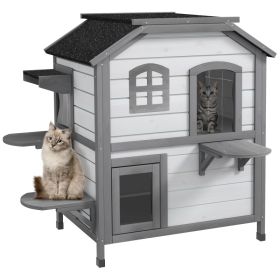 Wooden 2-Story Outdoor Cat House, Feral Cat Shelter Kitten Condo with Openable Asphalt Roof and 4 Platforms, White (Option: White-890x740x157 mm)
