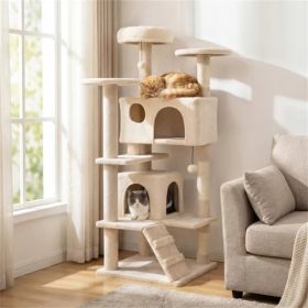 52" Tall Cat Tree Tower With Perches & Condos, Multi-Cat Playground With Scratching Posts (Beige) (Option: defaulttitle)