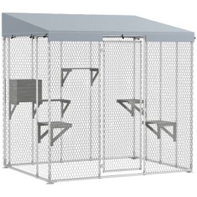 79" Galvanized Steel Large Catio with Waterproof Canopy, Sleeping Box, Jumping Platforms, for 1-3 Kittens, Silver (Option: Silver-2050x255x165 mm)