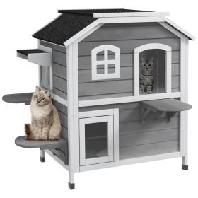 2-story Cat House Outdoor, Weatherproof Wooden Cat Enclosure for Feral Cats with Escape Door, Openable Roof, Jumping Platforms, Gray (Option: Gray-880x730x160 mm)