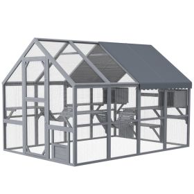 Wooden Catio Outdoor Cat Enclosure with Waterproof Cover, 2 Condos, 6 Platforms, Bridge, Doors, Gray (Option: Gray-1240x740x230 mm)