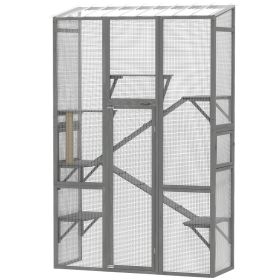 Outdoor Catio Cat Enclosure, Large Wooden Cat House with 6 Jumping Platforms, Scratching Post, 2 Ramps, for 2-3 Kittens (Option: Gray-1670x600x95 mm)